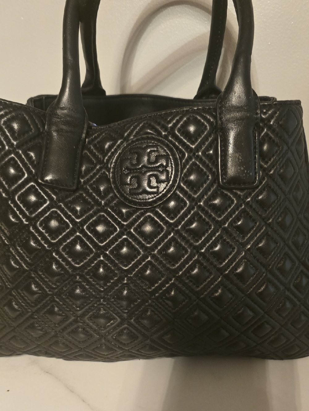 Tory Burch Logo Black Marion Quilted Top-Handle Tote